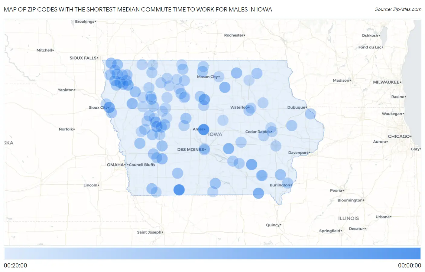 Zip Codes with the Shortest Median Commute Time to Work for Males in Iowa Map