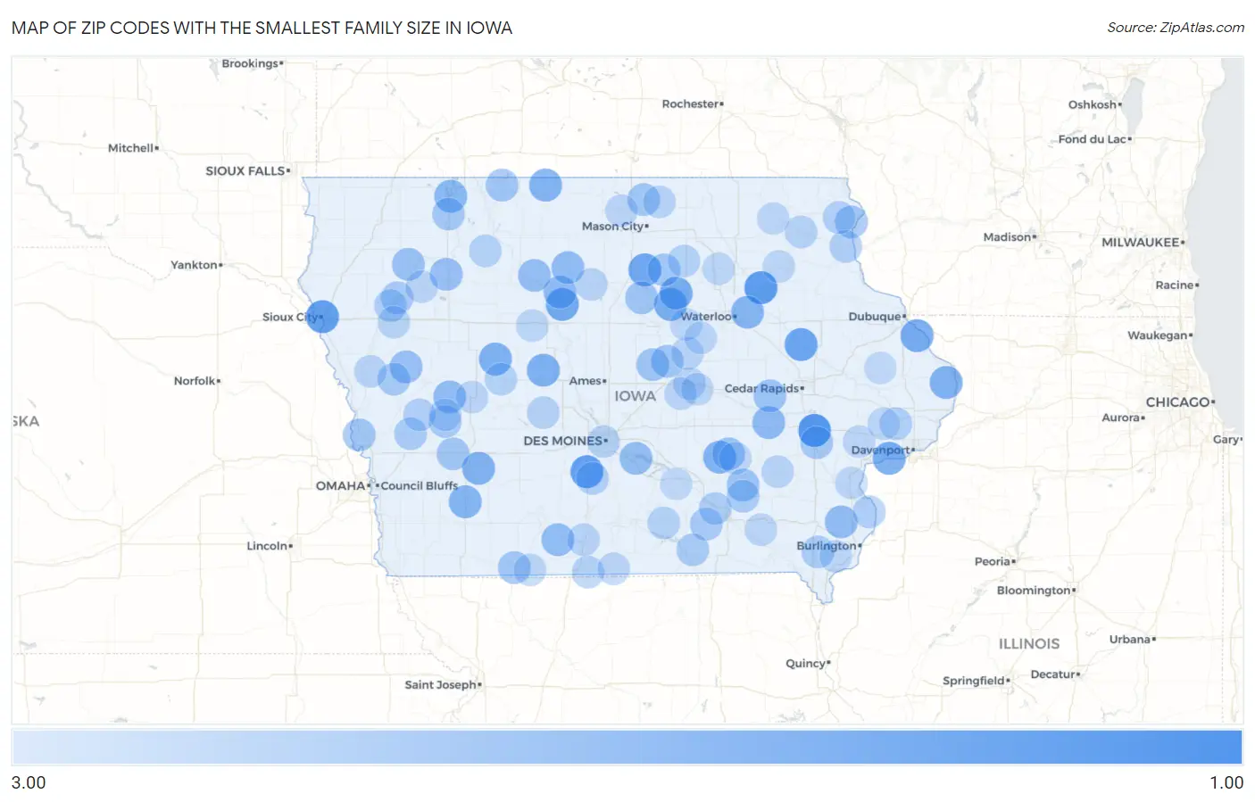 Zip Codes with the Smallest Family Size in Iowa Map