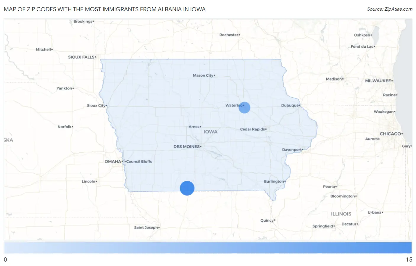 Zip Codes with the Most Immigrants from Albania in Iowa Map