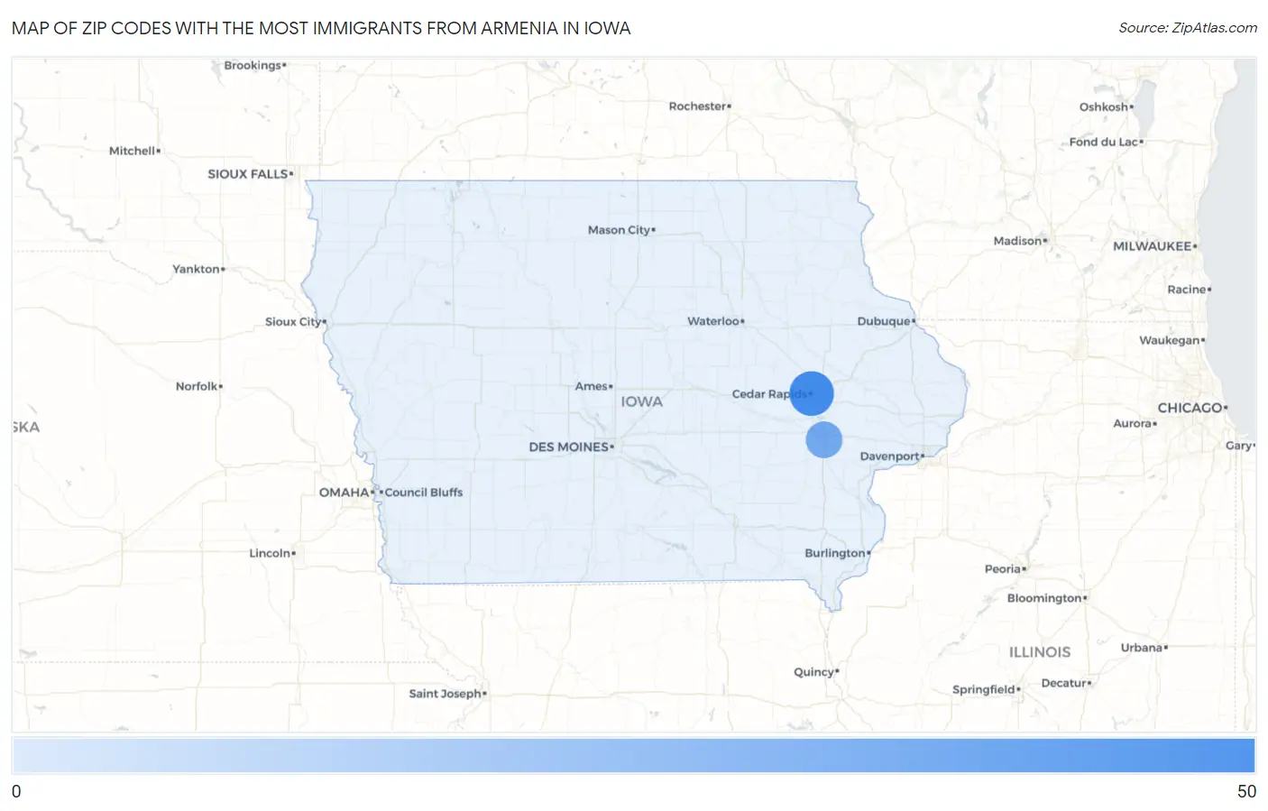 Zip Codes with the Most Immigrants from Armenia in Iowa Map