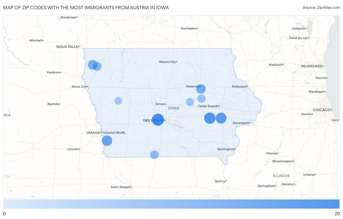 Zip Codes with the Most Immigrants from Austria in Iowa Map