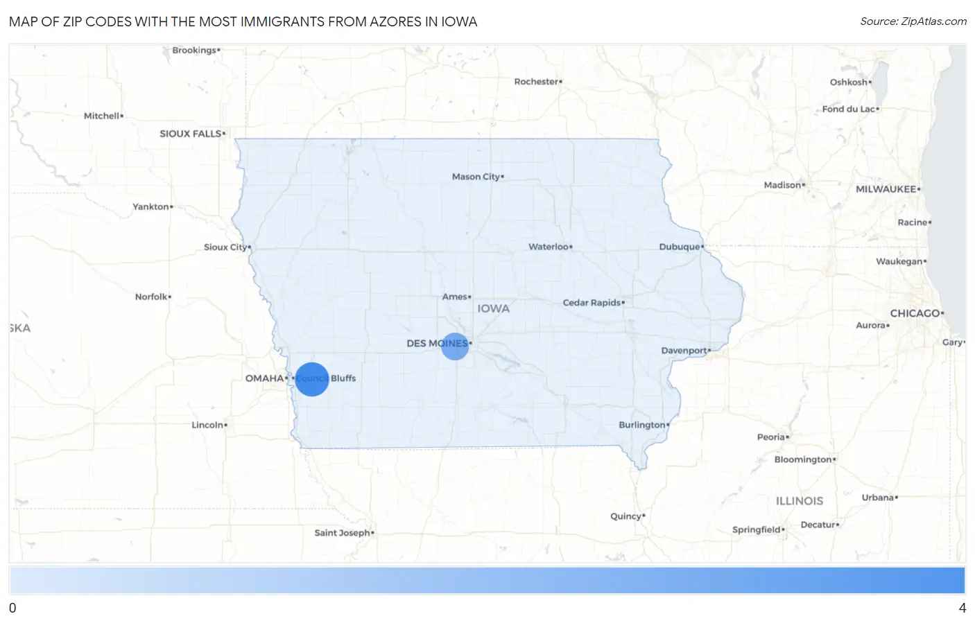 Zip Codes with the Most Immigrants from Azores in Iowa Map