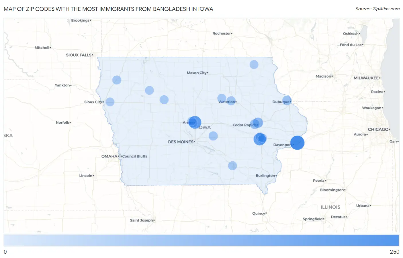 Zip Codes with the Most Immigrants from Bangladesh in Iowa Map