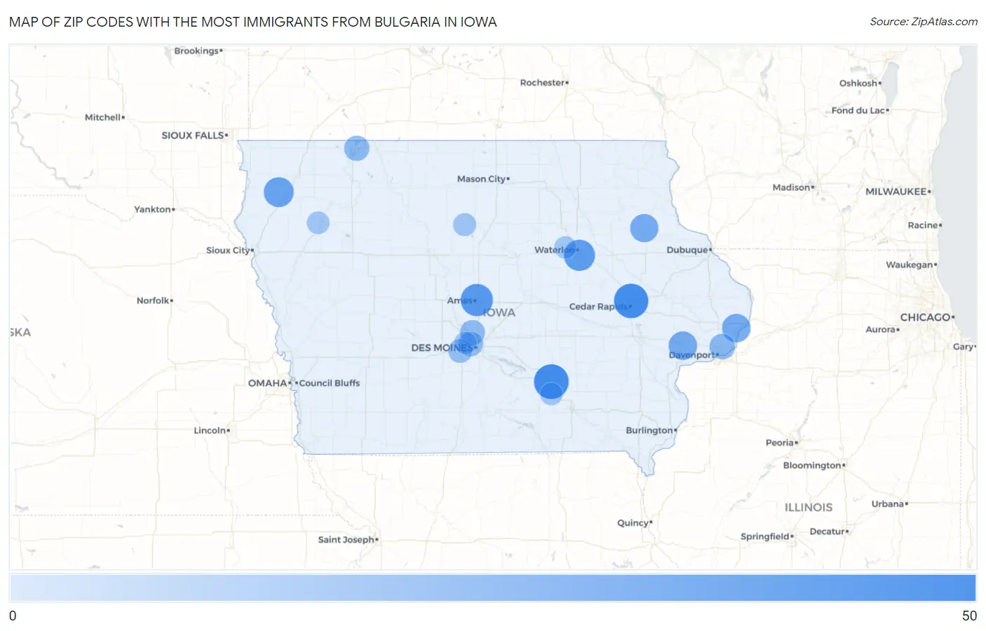 Zip Codes with the Most Immigrants from Bulgaria in Iowa Map
