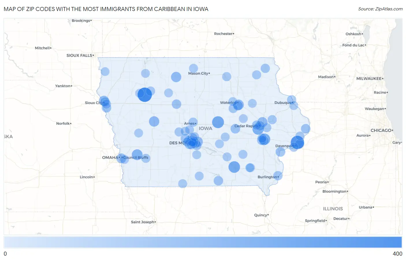 Zip Codes with the Most Immigrants from Caribbean in Iowa Map
