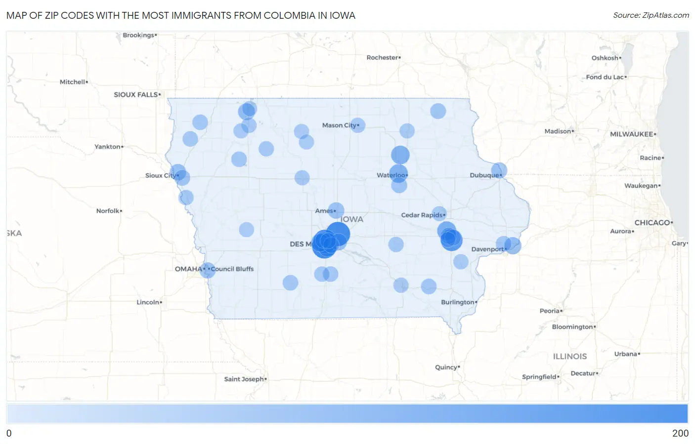 Zip Codes with the Most Immigrants from Colombia in Iowa Map