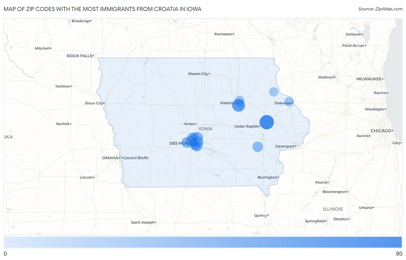 Zip Codes with the Most Immigrants from Croatia in Iowa Map