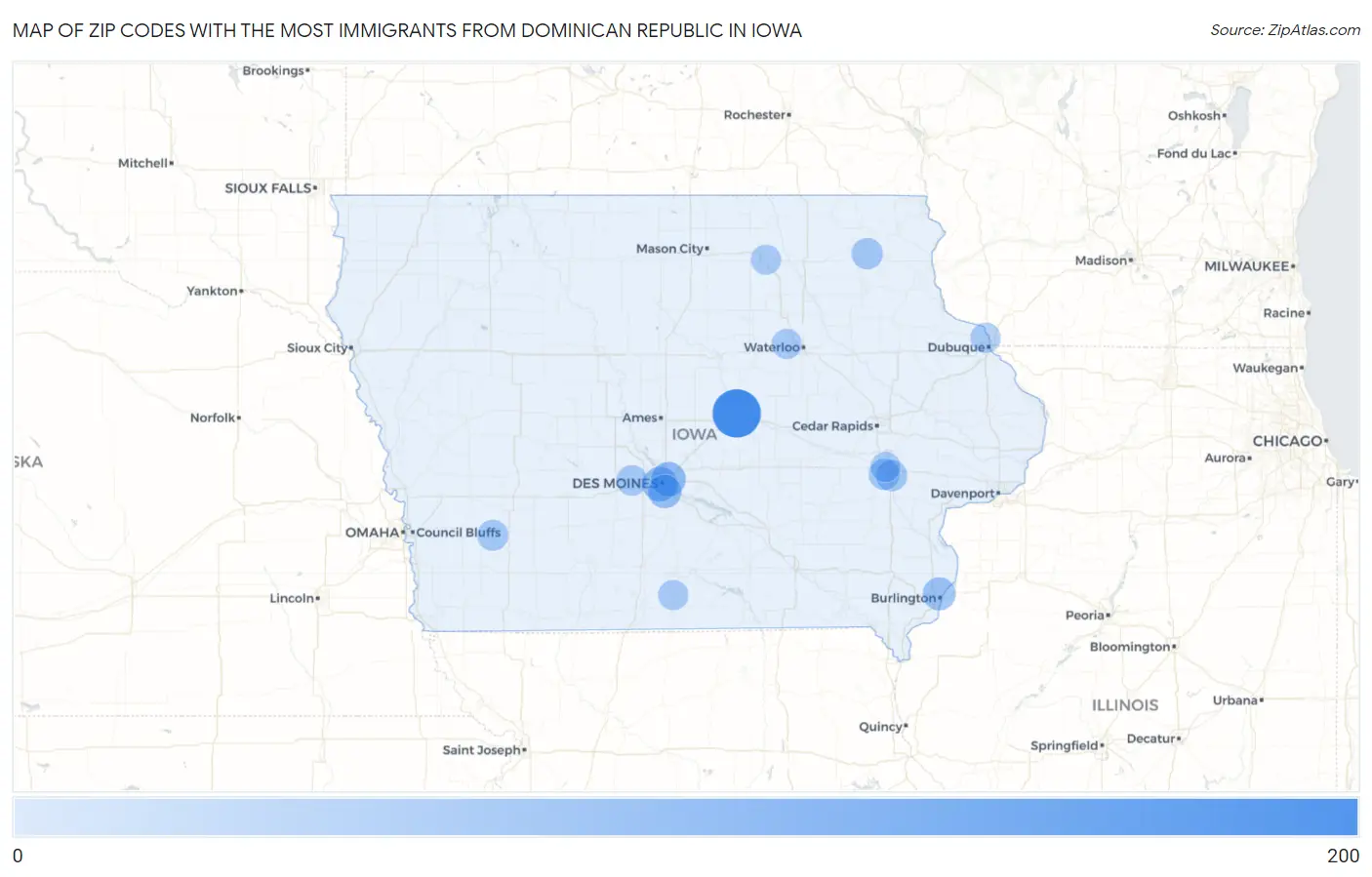 Zip Codes with the Most Immigrants from Dominican Republic in Iowa Map