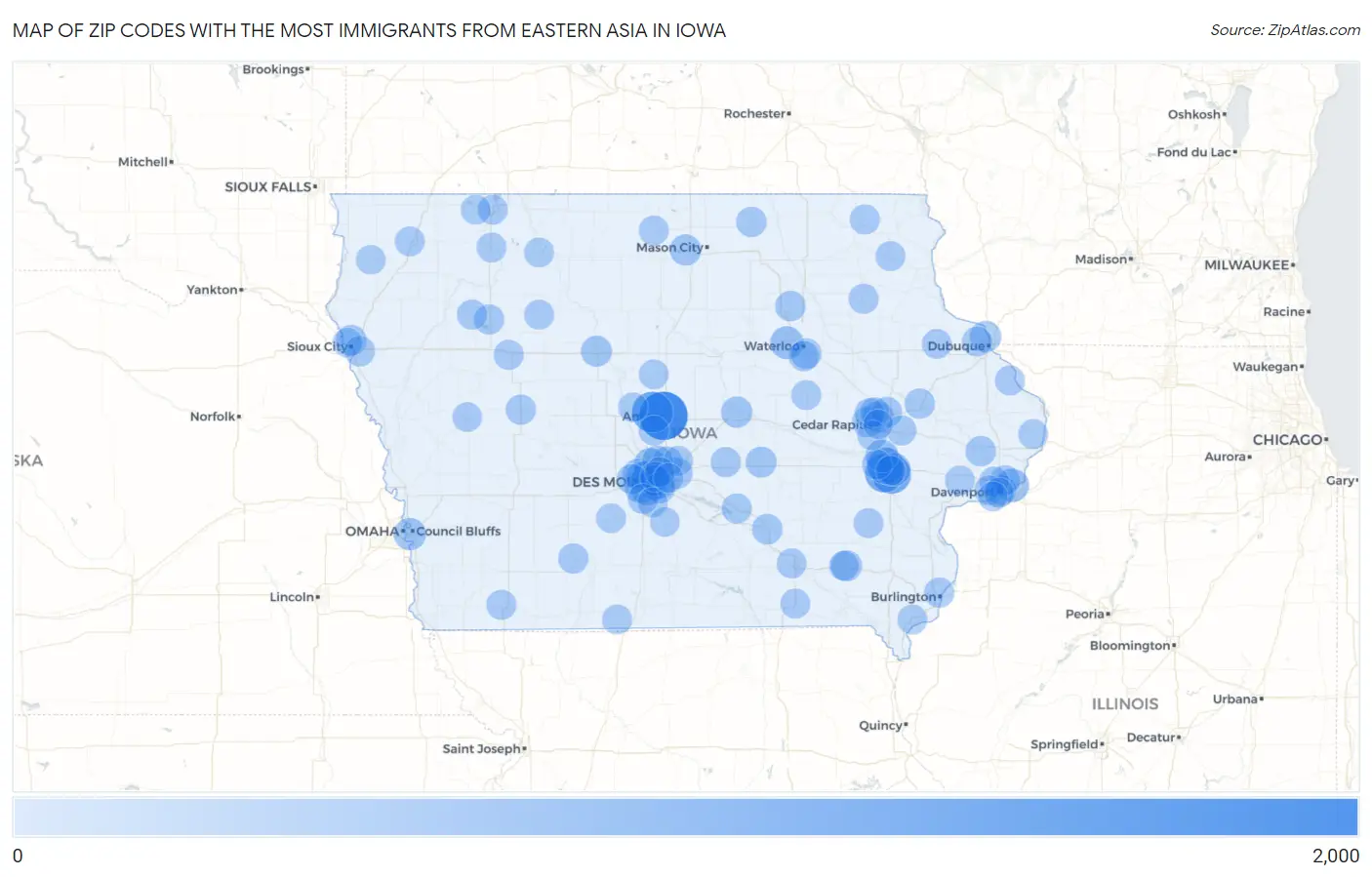 Zip Codes with the Most Immigrants from Eastern Asia in Iowa Map