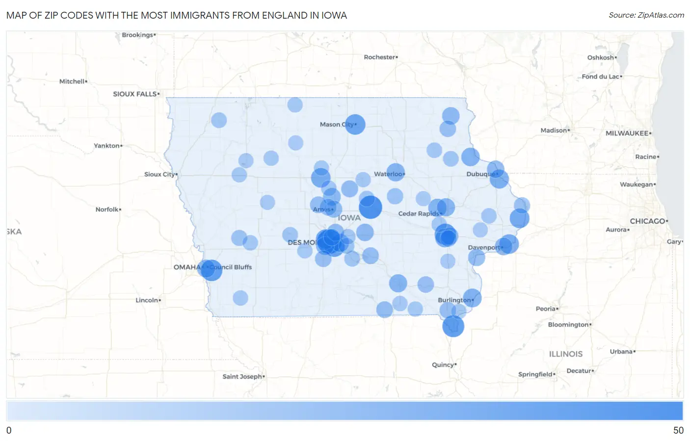 Zip Codes with the Most Immigrants from England in Iowa Map