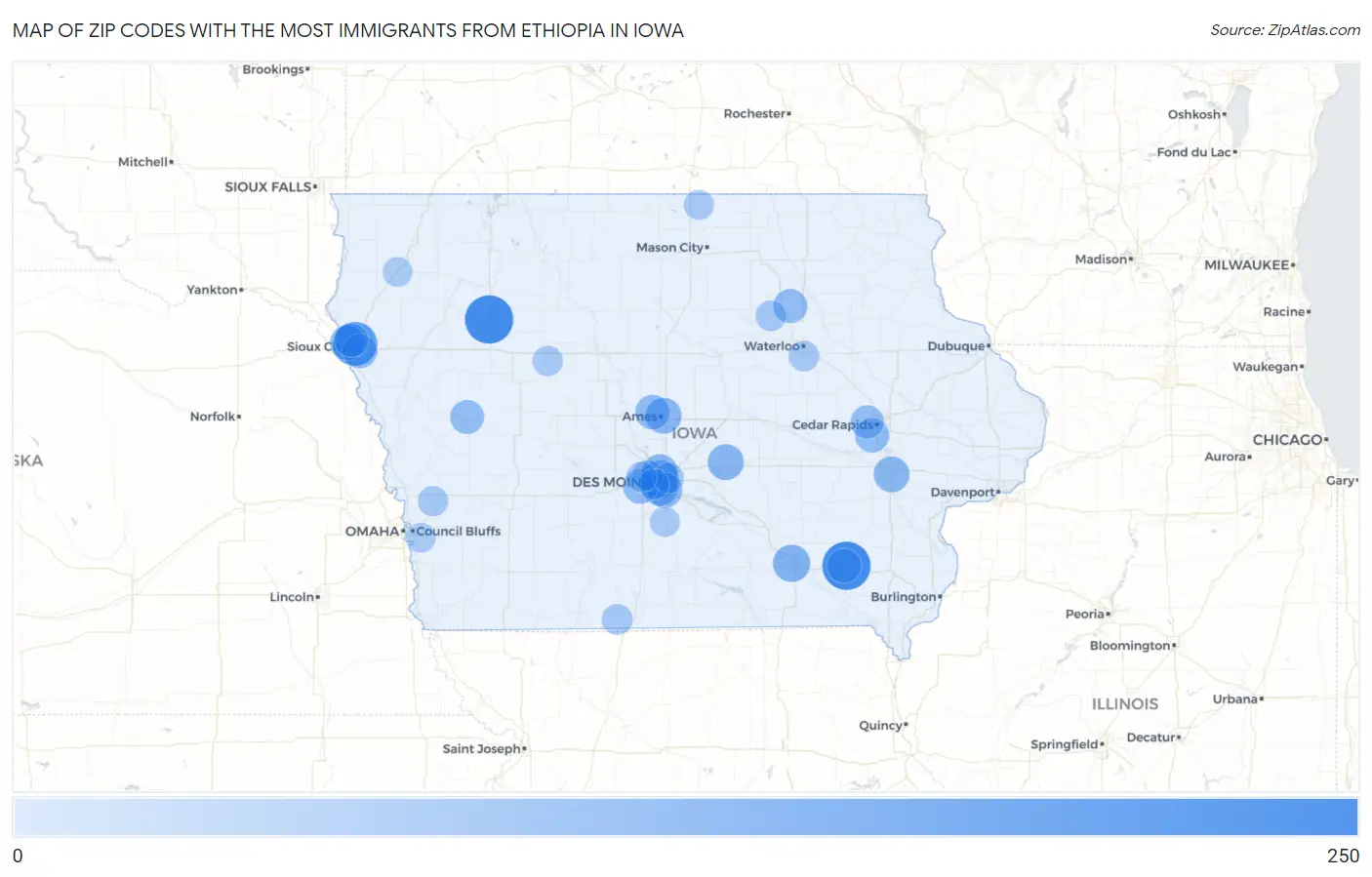 Zip Codes with the Most Immigrants from Ethiopia in Iowa Map