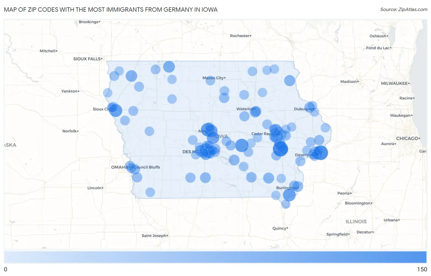 Zip Codes with the Most Immigrants from Germany in Iowa Map