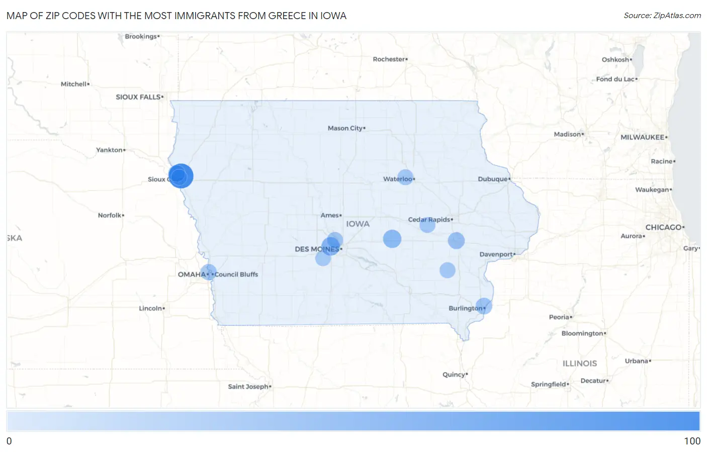 Zip Codes with the Most Immigrants from Greece in Iowa Map
