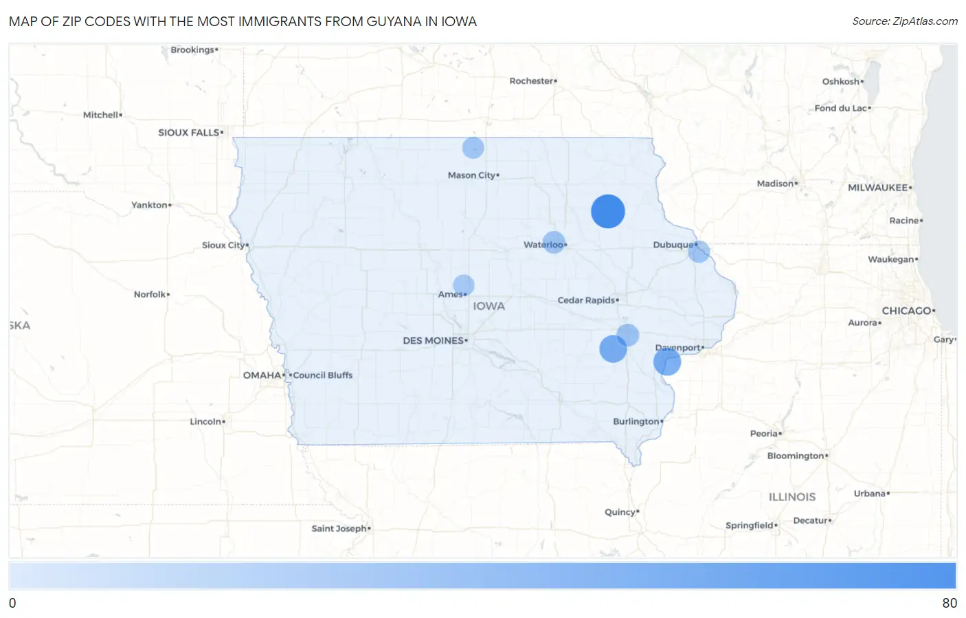 Zip Codes with the Most Immigrants from Guyana in Iowa Map