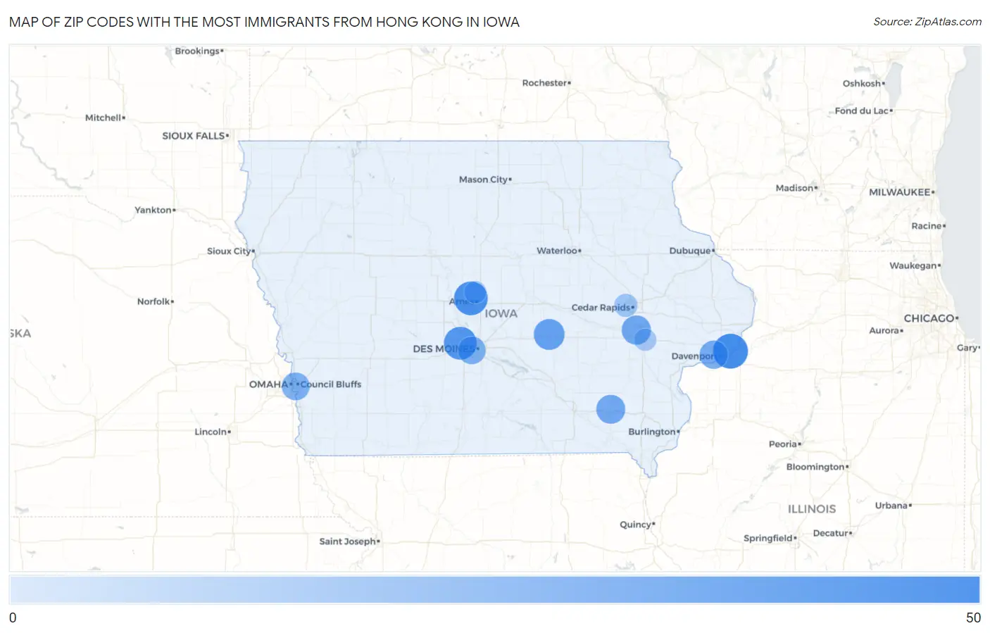 Zip Codes with the Most Immigrants from Hong Kong in Iowa Map