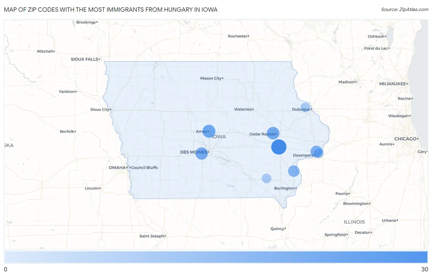 Zip Codes with the Most Immigrants from Hungary in Iowa Map