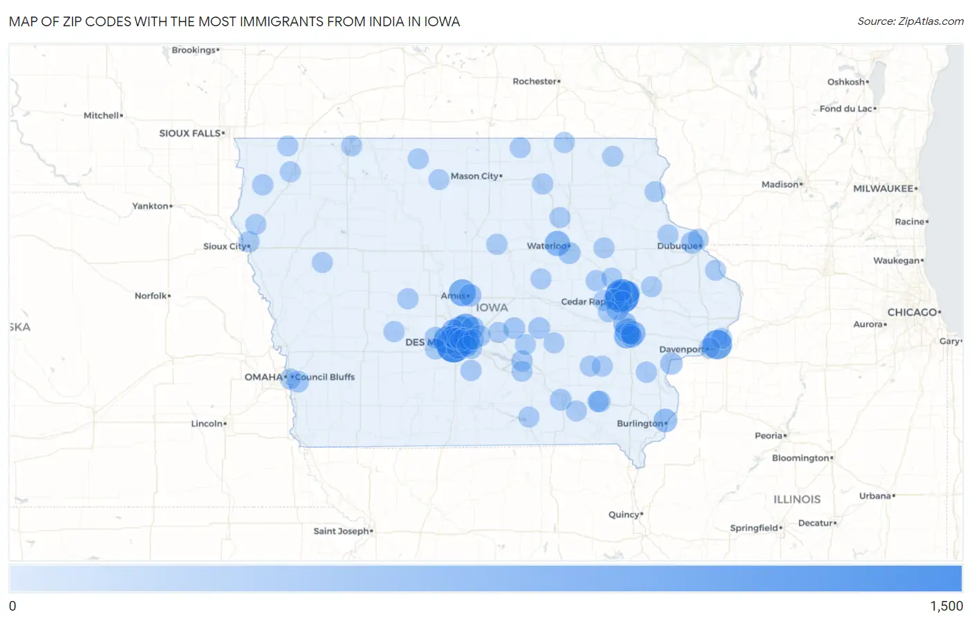 Zip Codes with the Most Immigrants from India in Iowa Map