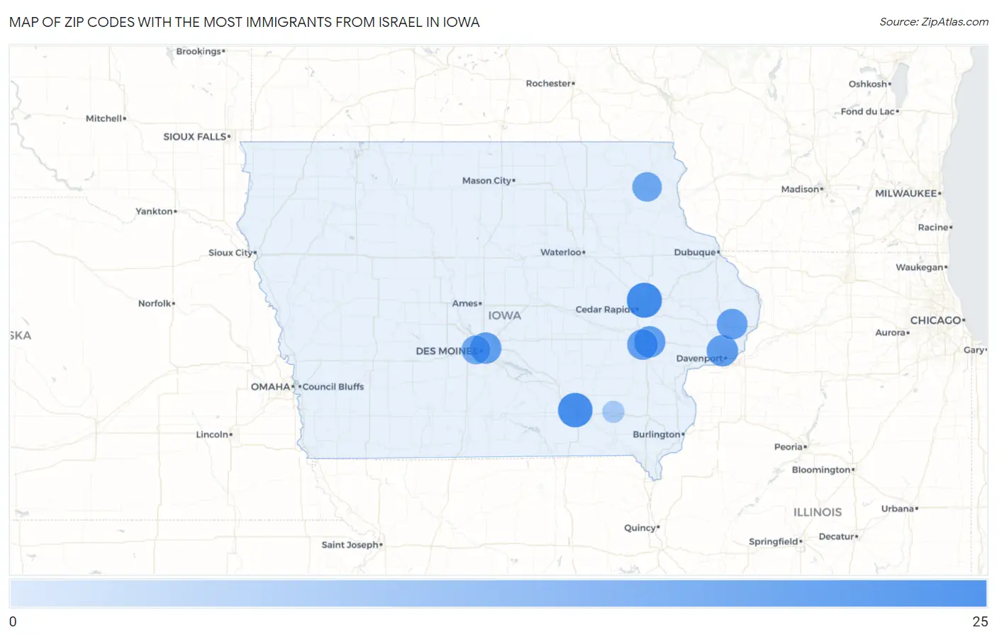 Zip Codes with the Most Immigrants from Israel in Iowa Map