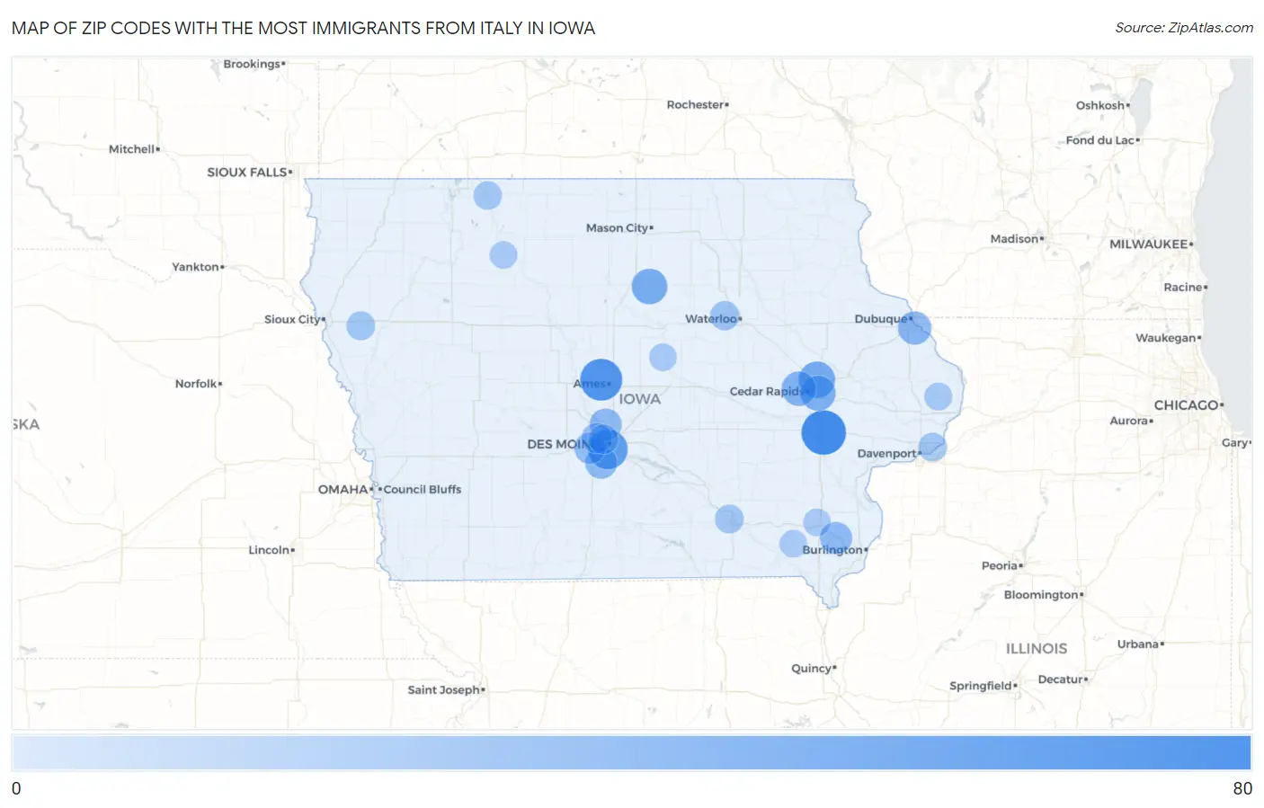 Zip Codes with the Most Immigrants from Italy in Iowa Map