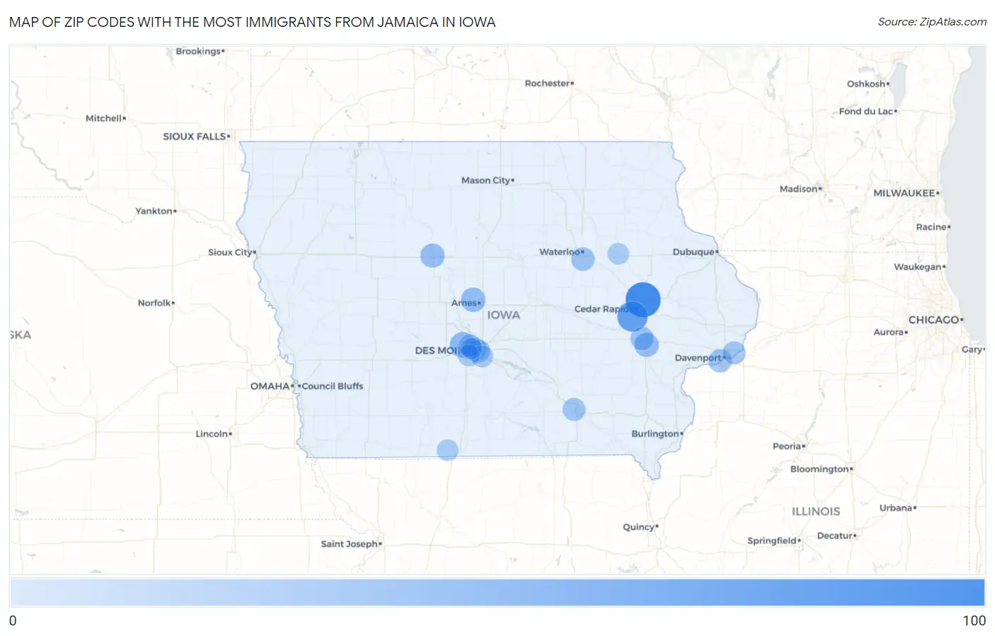 Zip Codes with the Most Immigrants from Jamaica in Iowa Map