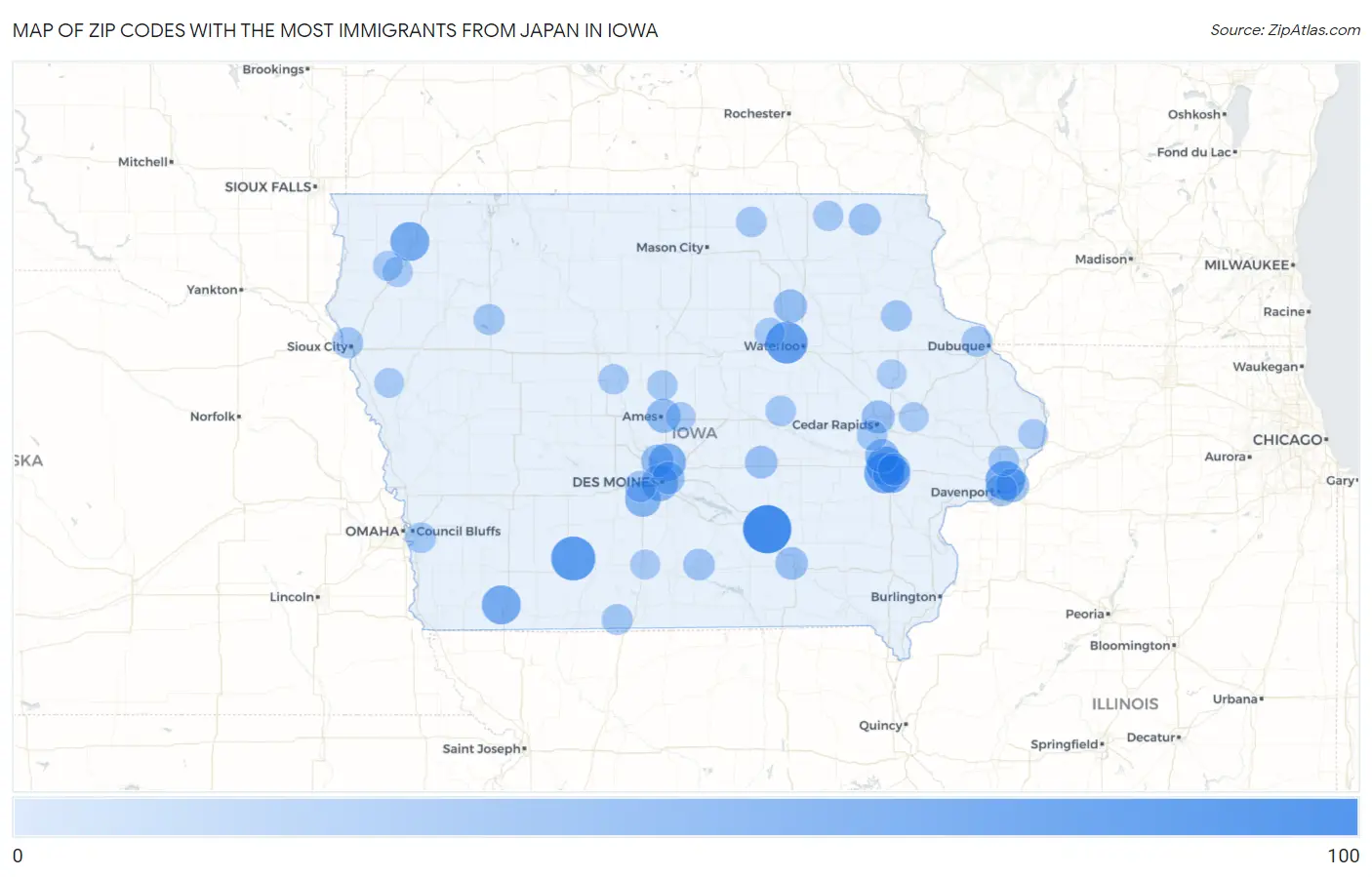 Zip Codes with the Most Immigrants from Japan in Iowa Map