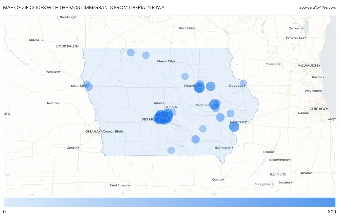 Zip Codes with the Most Immigrants from Liberia in Iowa Map