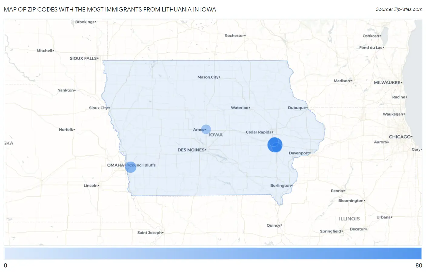 Zip Codes with the Most Immigrants from Lithuania in Iowa Map