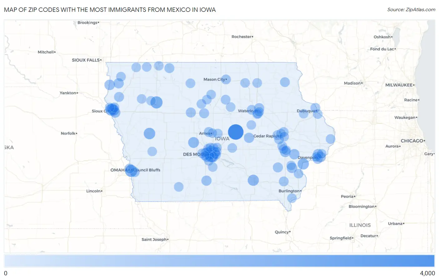 Zip Codes with the Most Immigrants from Mexico in Iowa Map