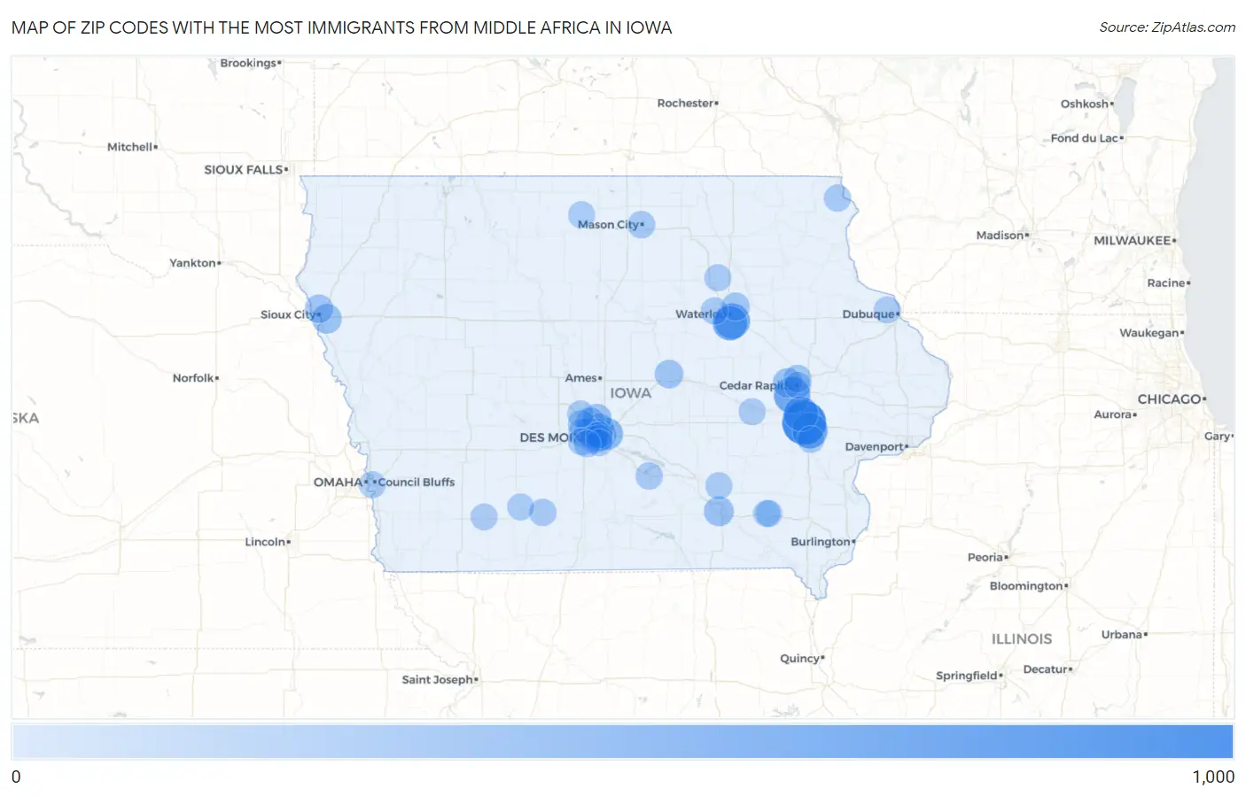 Zip Codes with the Most Immigrants from Middle Africa in Iowa Map