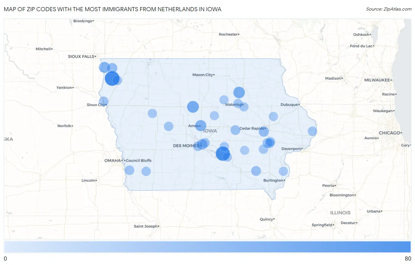 Zip Codes with the Most Immigrants from Netherlands in Iowa Map