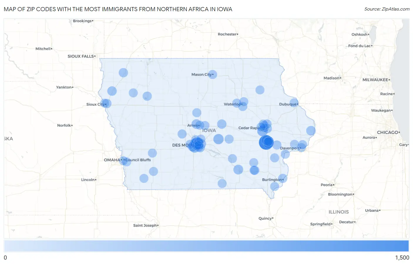Zip Codes with the Most Immigrants from Northern Africa in Iowa Map