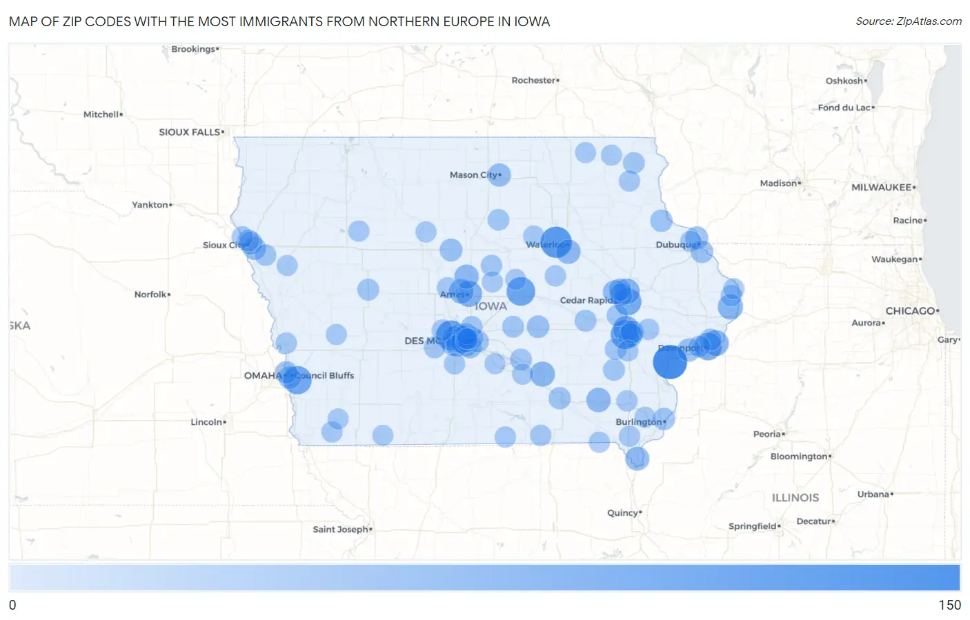 Zip Codes with the Most Immigrants from Northern Europe in Iowa Map