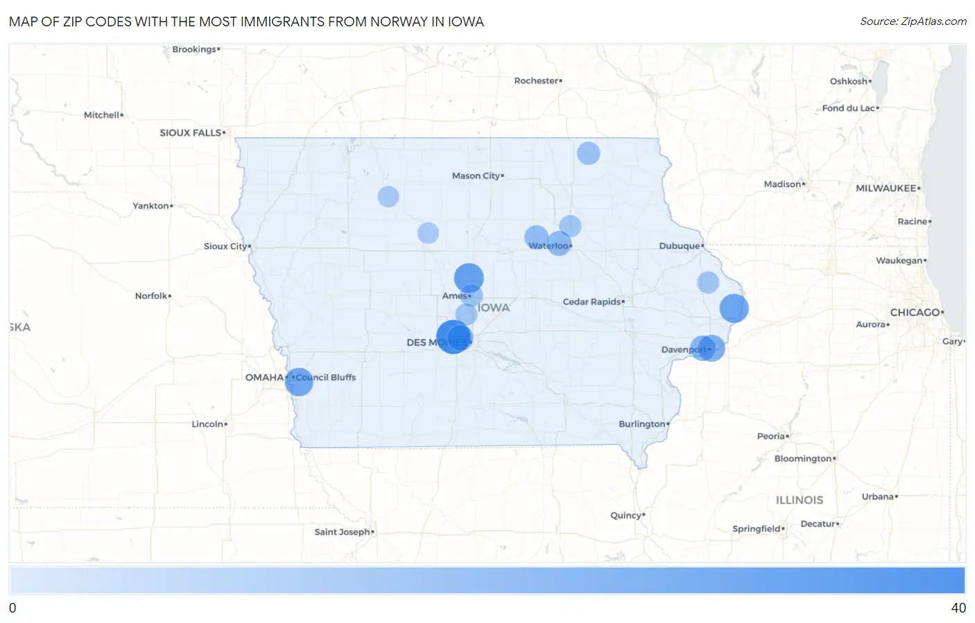 Zip Codes with the Most Immigrants from Norway in Iowa Map