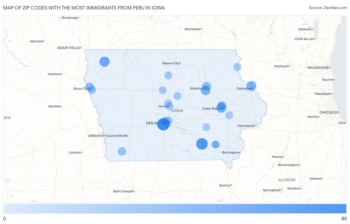 Zip Codes with the Most Immigrants from Peru in Iowa Map