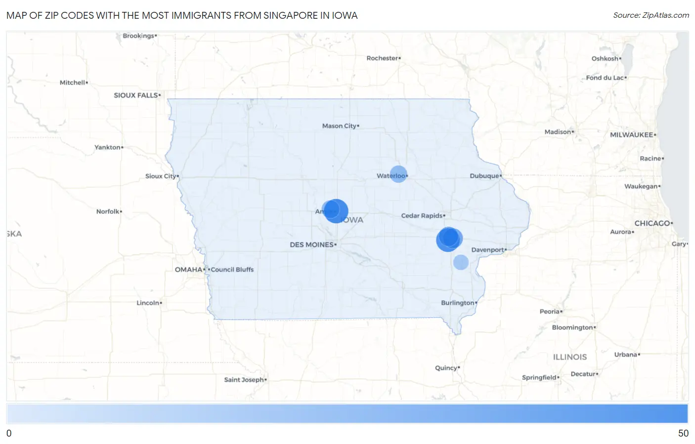 Zip Codes with the Most Immigrants from Singapore in Iowa Map