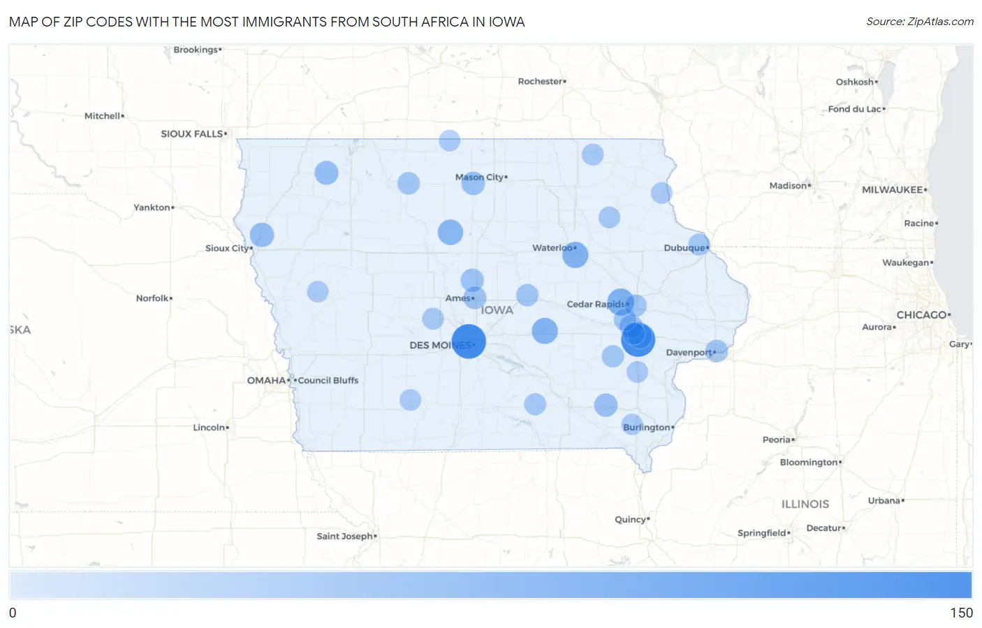 Zip Codes with the Most Immigrants from South Africa in Iowa Map