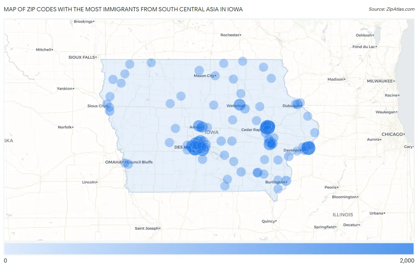 Zip Codes with the Most Immigrants from South Central Asia in Iowa Map