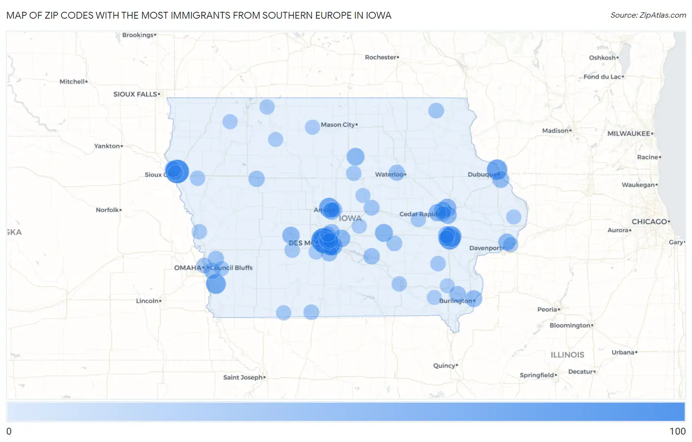 Zip Codes with the Most Immigrants from Southern Europe in Iowa Map