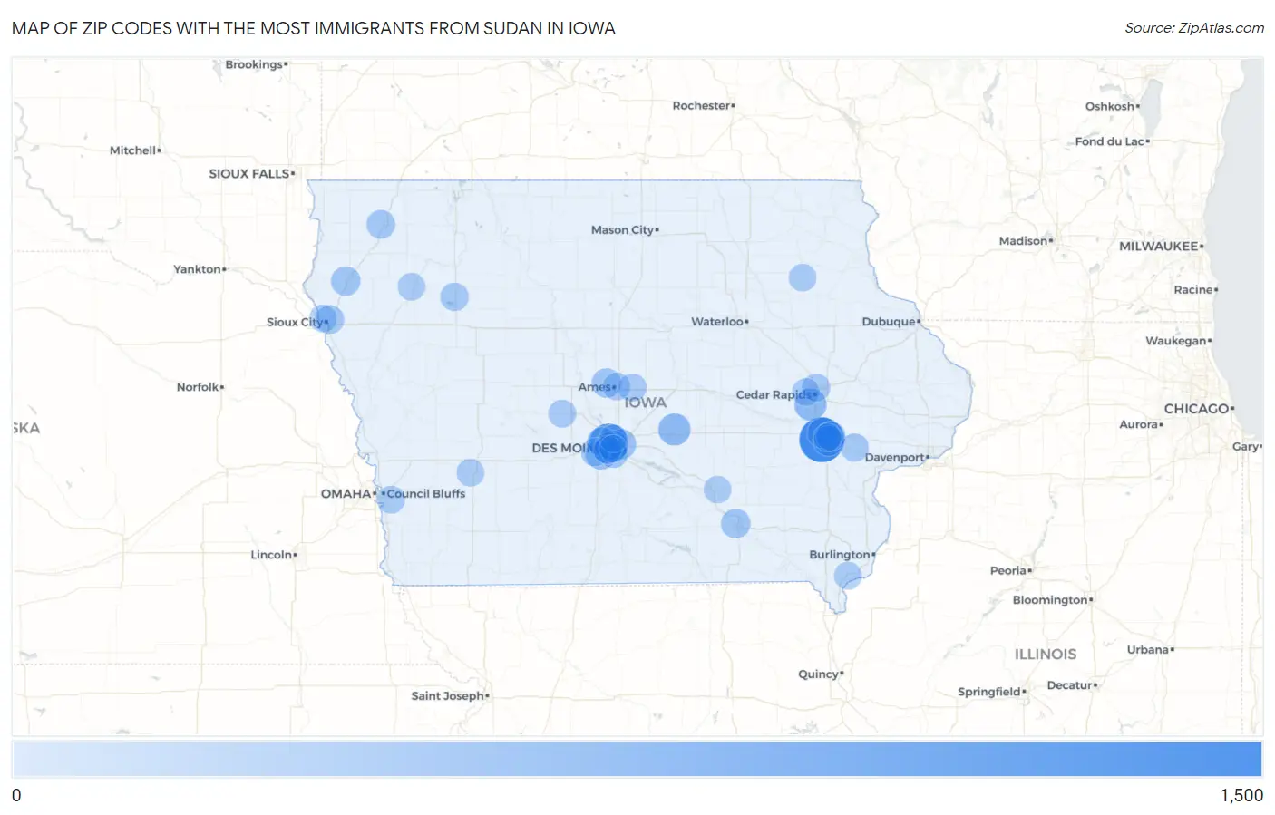 Zip Codes with the Most Immigrants from Sudan in Iowa Map