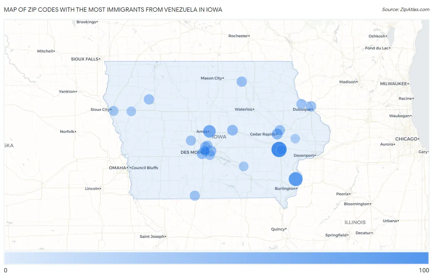 Zip Codes with the Most Immigrants from Venezuela in Iowa Map