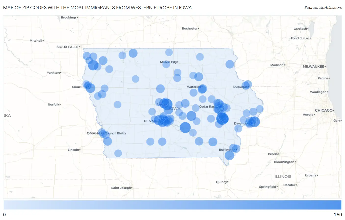 Zip Codes with the Most Immigrants from Western Europe in Iowa Map