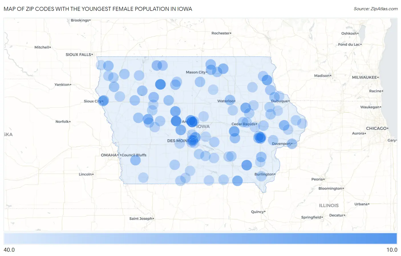 Zip Codes with the Youngest Female Population in Iowa Map
