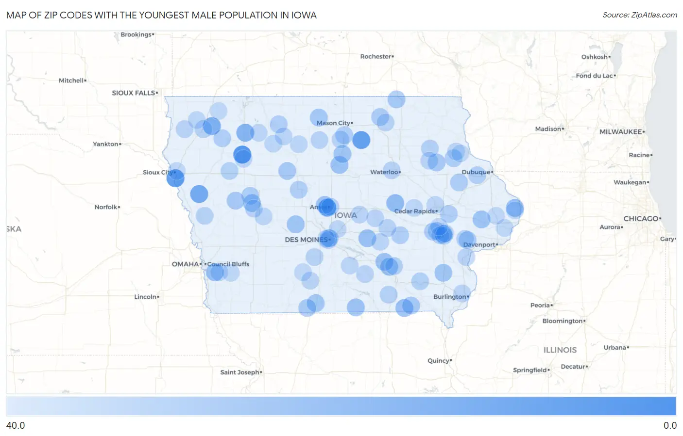 Zip Codes with the Youngest Male Population in Iowa Map