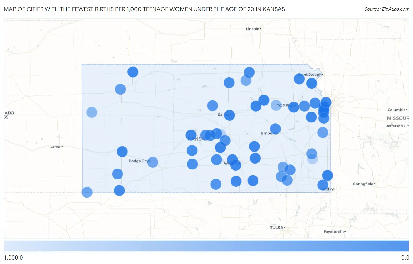 Cities with the Fewest Births per 1,000 Teenage Women Under the Age of 20 in Kansas Map