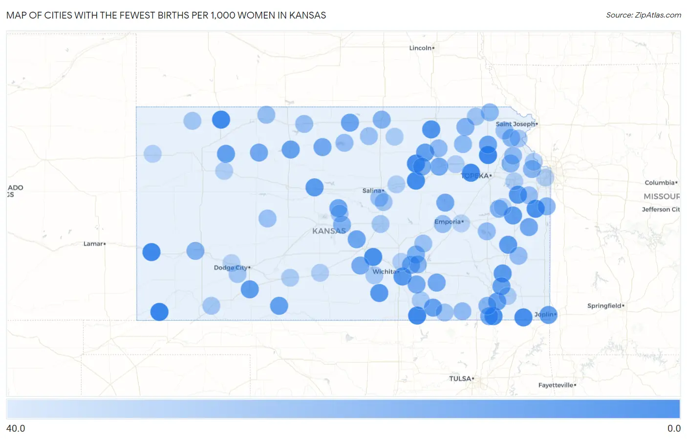 Cities with the Fewest Births per 1,000 Women in Kansas Map