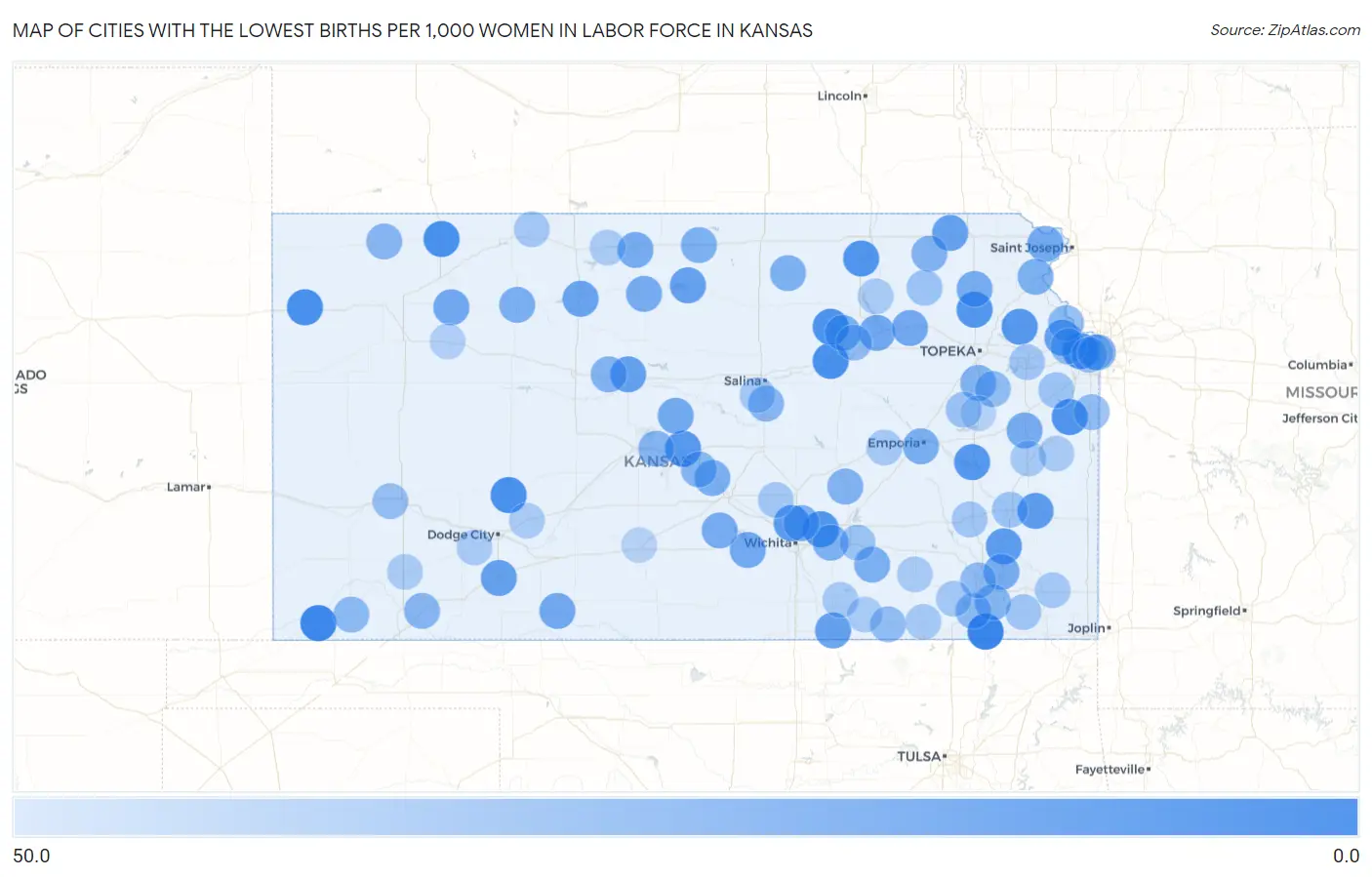Cities with the Lowest Births per 1,000 Women in Labor Force in Kansas Map