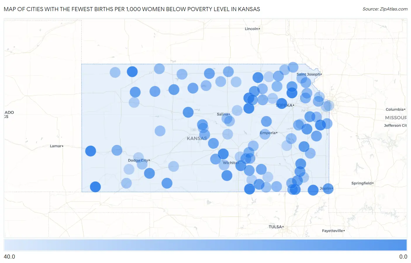 Cities with the Fewest Births per 1,000 Women Below Poverty Level in Kansas Map