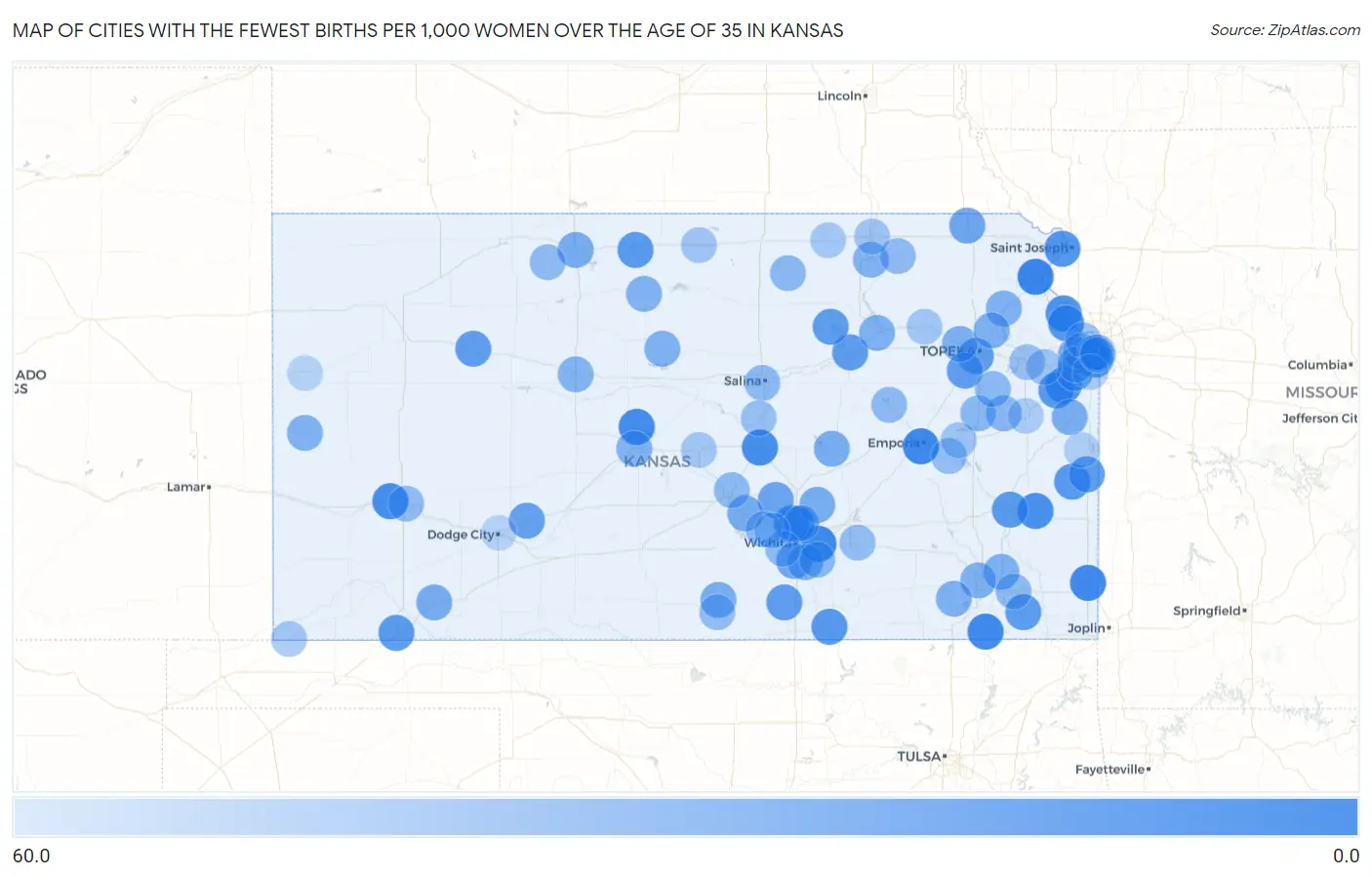 Cities with the Fewest Births per 1,000 Women Over the Age of 35 in Kansas Map
