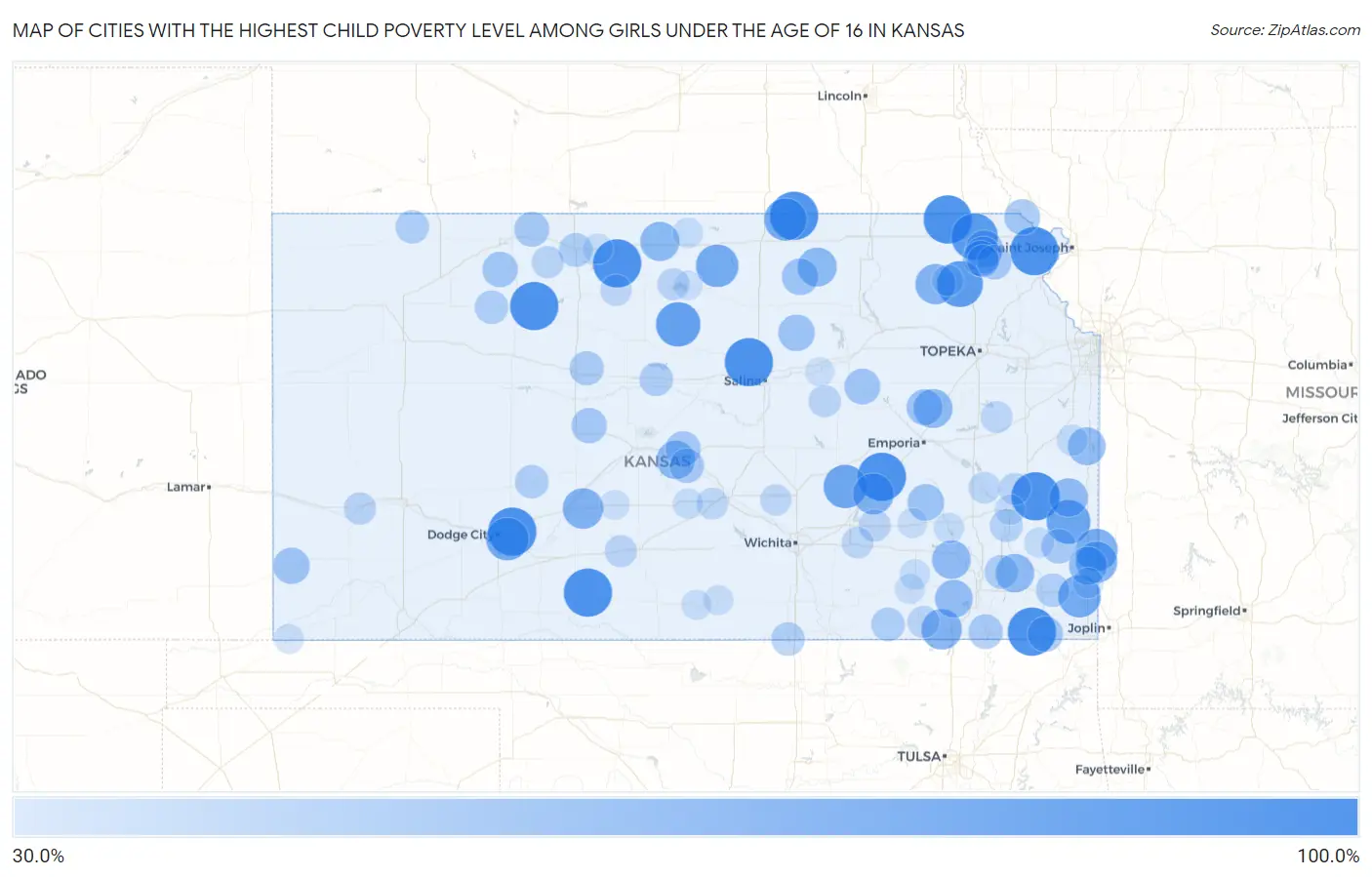 Cities with the Highest Child Poverty Level Among Girls Under the Age of 16 in Kansas Map
