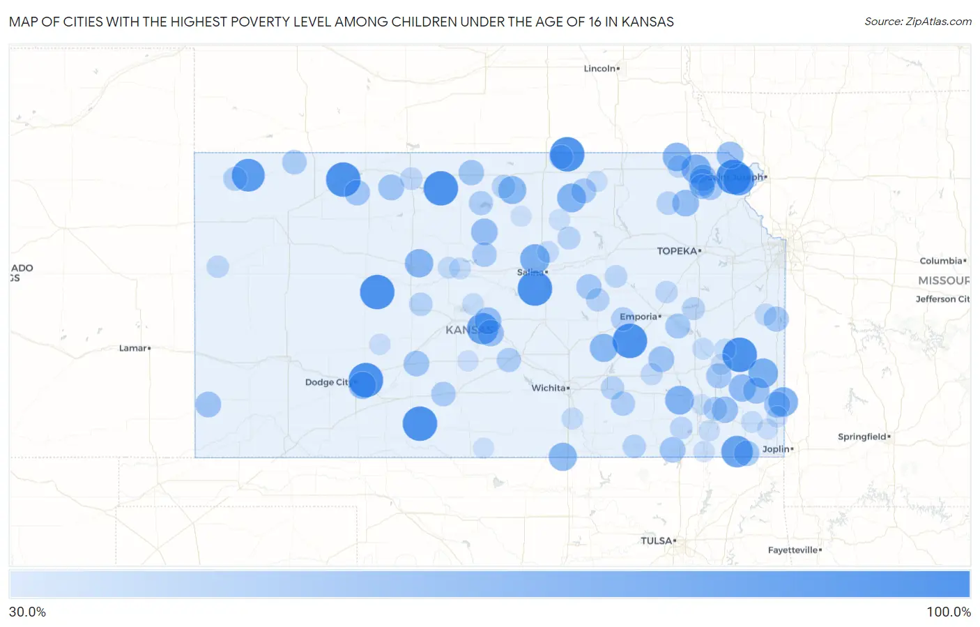 Cities with the Highest Poverty Level Among Children Under the Age of 16 in Kansas Map